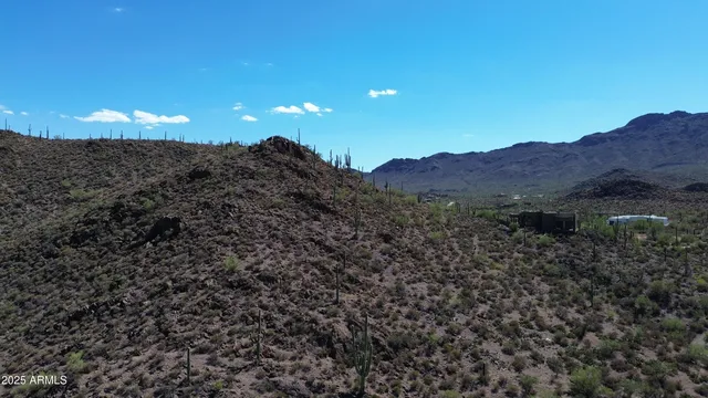 a view of a field with an ocean and mountain view