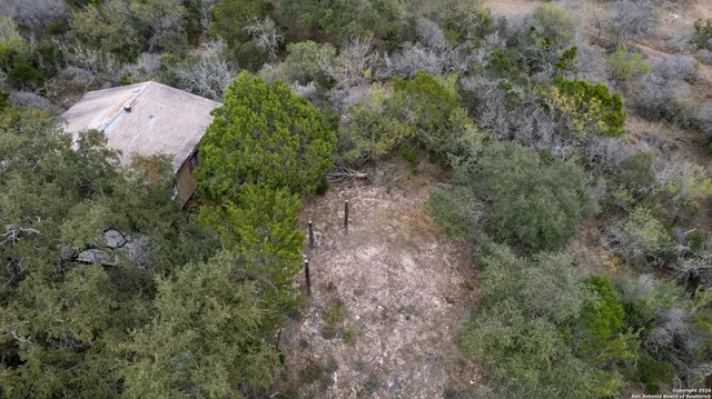 an aerial view of a house with a yard and large tree