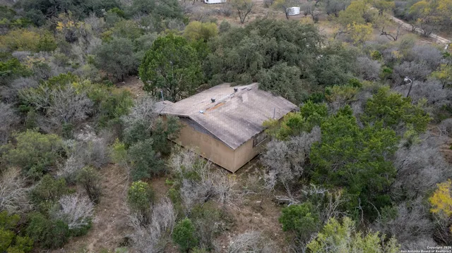 an aerial view of a house with a yard and large tree