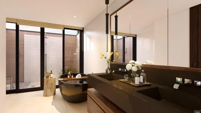 a living room with furniture large windows and wooden floor