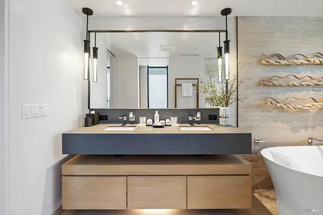 a view of a living room and bathroom