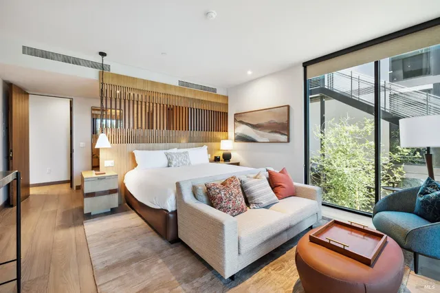 an aerial view of a swimming pool