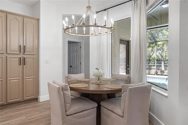 a view of a dining room with furniture window and wooden floor