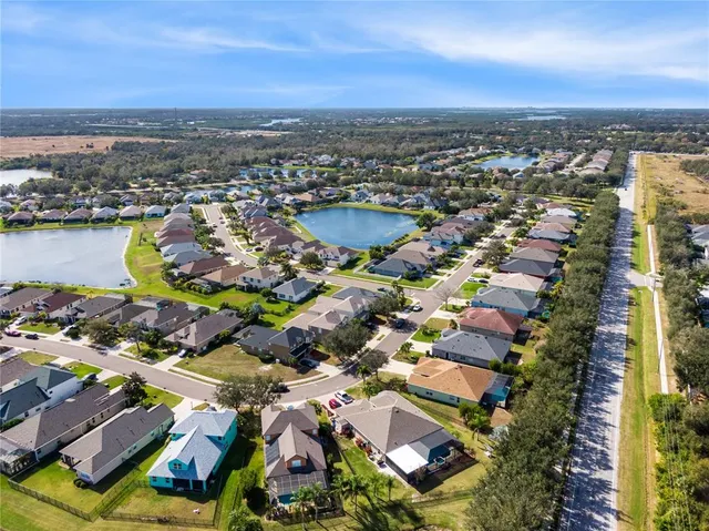 an aerial view of residential houses with outdoor space