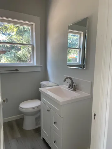 a bathroom with a toilet sink and mirror