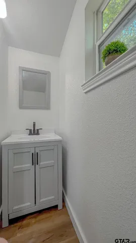a bathroom with a sink vanity and a mirror