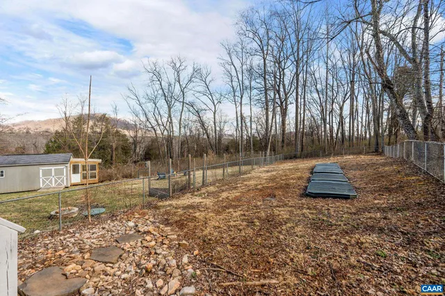 a view of a park with large trees