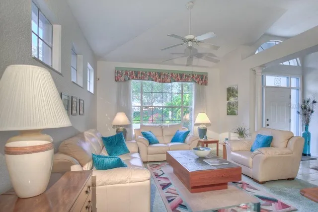 a living room with furniture and a large window