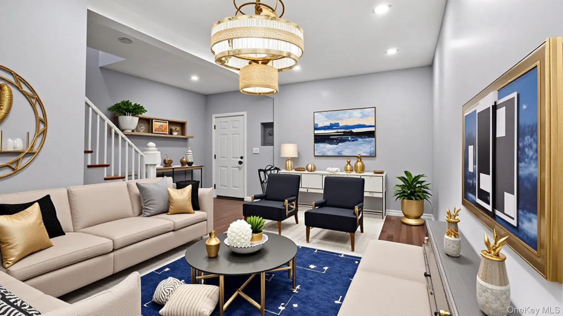 Living area featuring wood finished floors, recessed lighting, and stairs