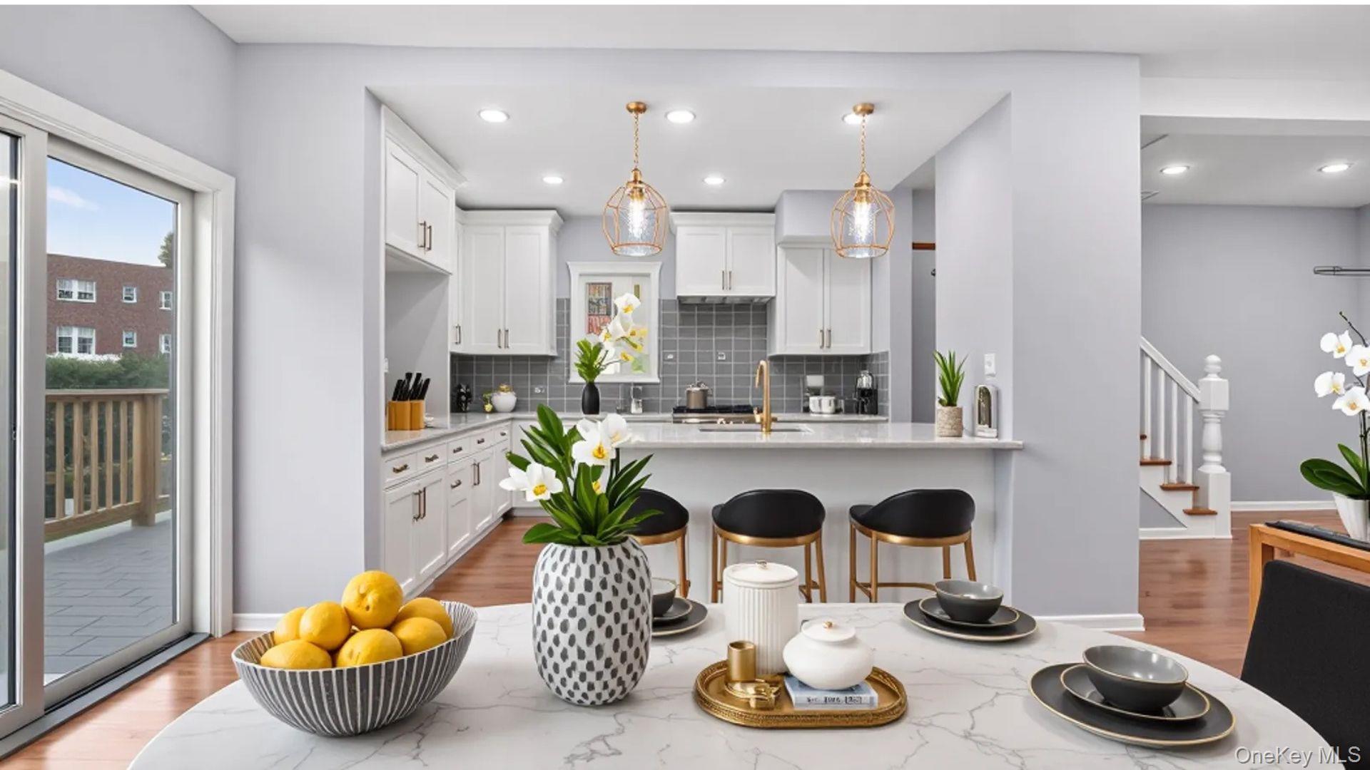 1513 Rosedale Avenue Bronx, NY 10460 - Photo 2 of 29 Kitchen featuring light stone counters, dark wood-style flooring, decorative backsplash, white cabinetry, and recessed lighting