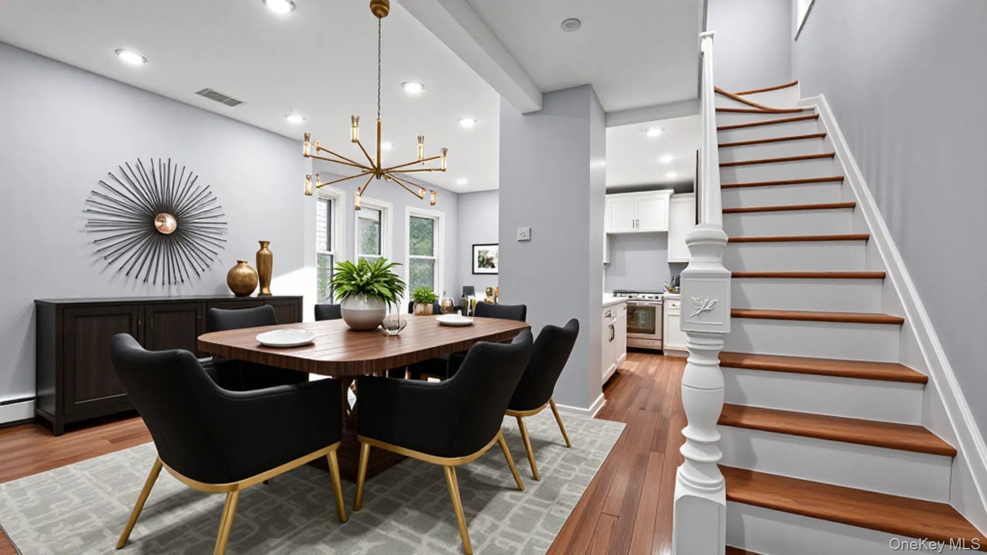 1513 Rosedale Avenue Bronx, NY 10460 - Photo 3 of 29 Dining area featuring stairs, hardwood / wood-style floors, a chandelier, and recessed lighting