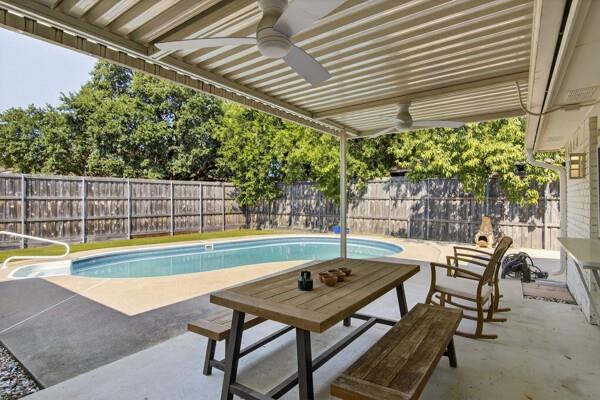 6331 North Jim Miller Road Dallas, TX 75228 - Photo 23 of 28 View of pool with a ceiling fan, a patio, and a fenced backyard