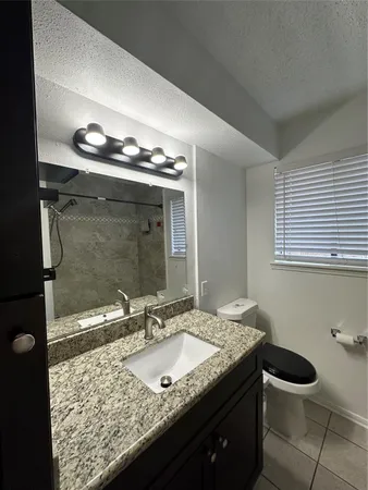 a bathroom with a granite countertop sink a toilet and a mirror