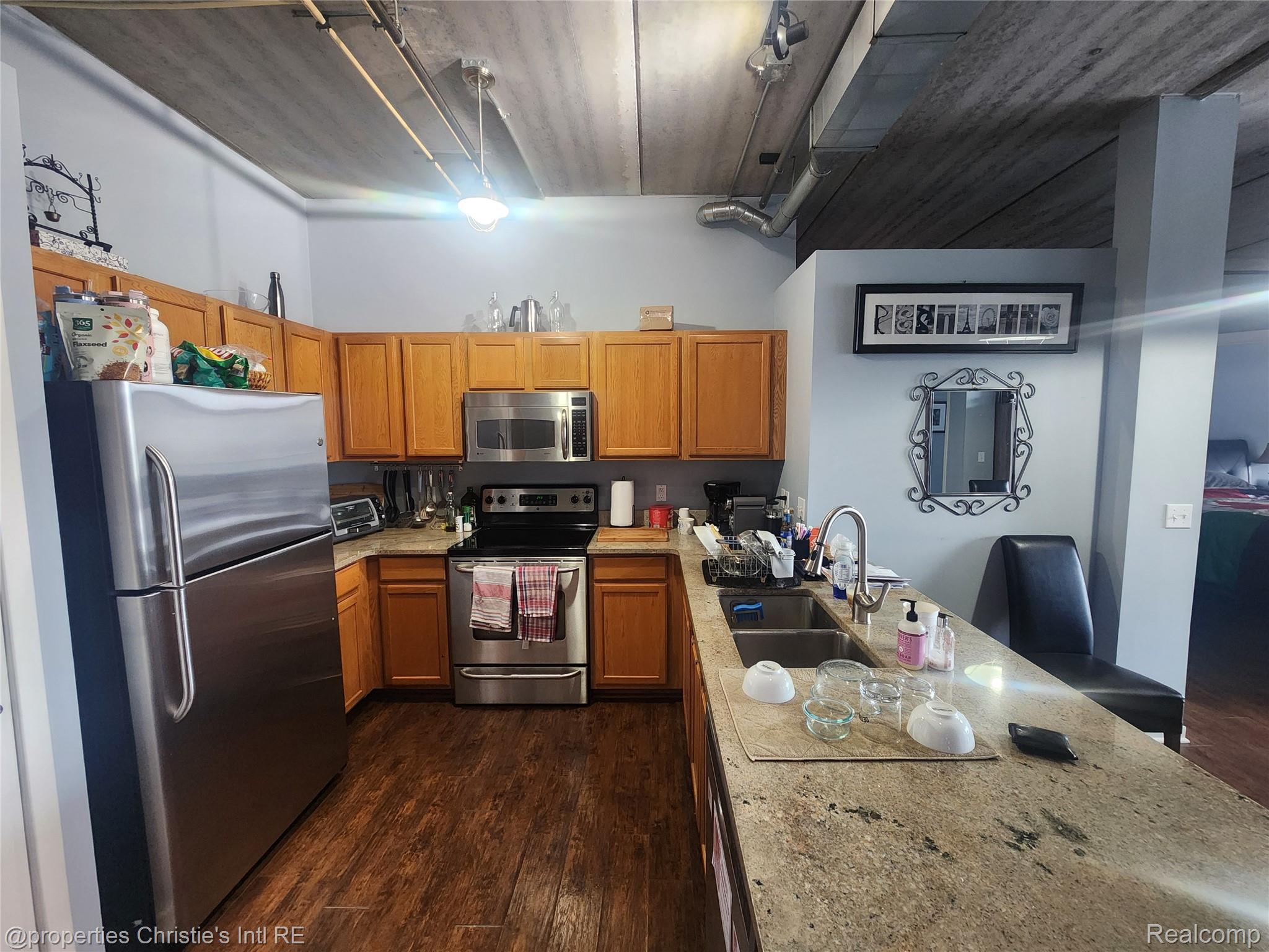 66 Winder Street, Unit 458 Detroit, MI 48201 - Photo 6 of 19 Kitchen with stainless steel appliances, dark wood-type flooring, wood finish cabinetry, and a peninsula
