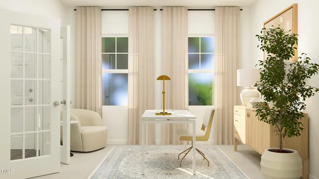 a dining room with furniture and a potted plant