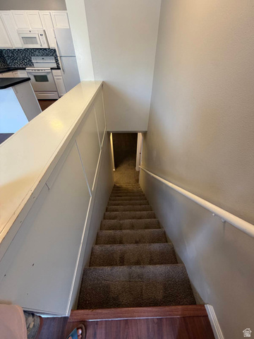 1563 South 600 East Springville, UT 84663 - Photo 13 of 30 Carpeted staircase with a white handrail descending to a lower level