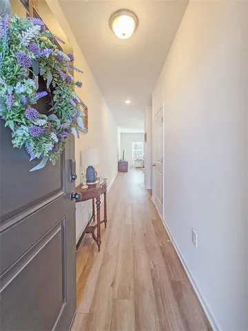 a view of a hallway with wooden floor and a potted plant