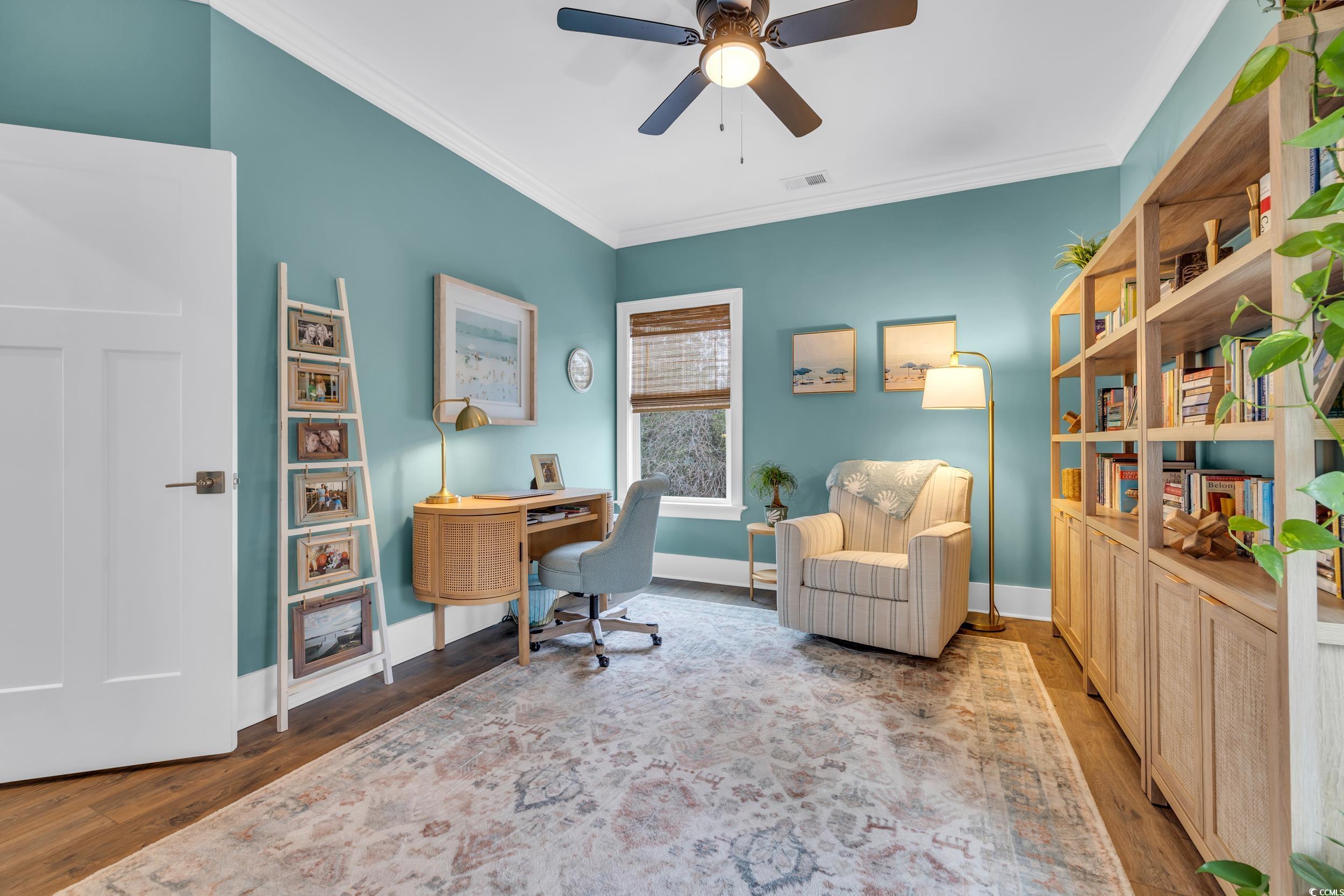 22 Trigger Fish Lane Murrells Inlet, SC 29576 - Photo 21 of 39 Office area featuring ceiling fan, ornamental molding, and hardwood / wood-style flooring