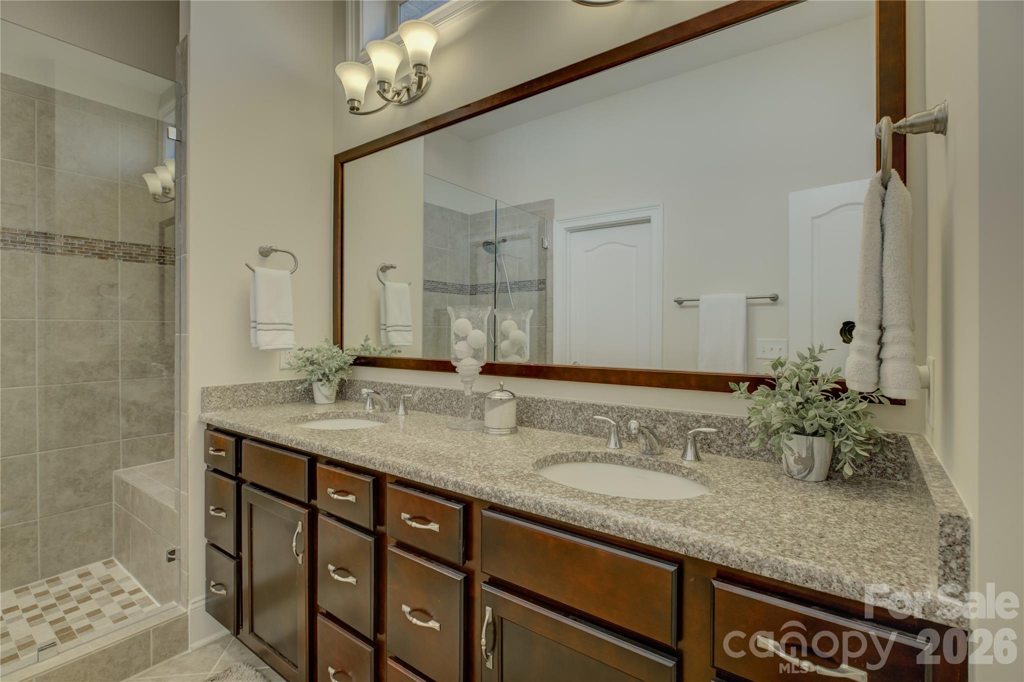 15511 Lake Ridge Road Charlotte, NC 28278 - Photo 25 of 46 a bathroom with a granite countertop sink a large mirror and a shower