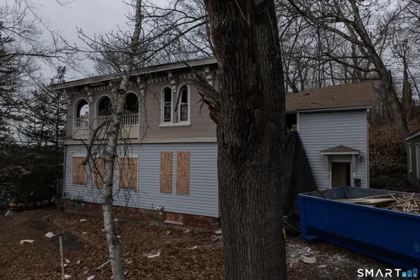 a view of backyard with a large tree