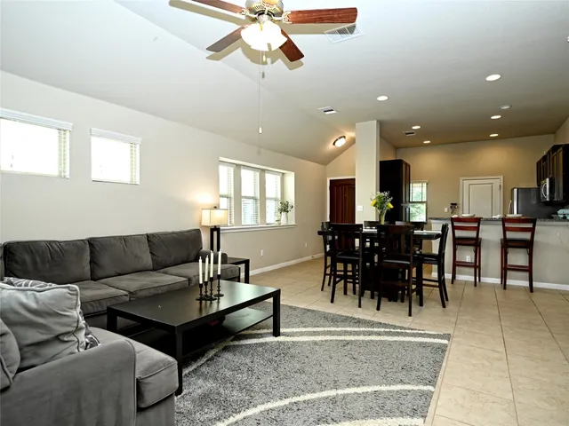 a garden view with a seating space