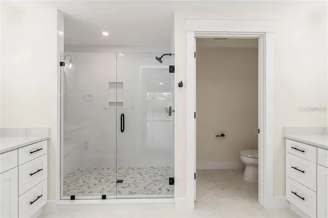 a bathroom with a shower a toilet and a sink