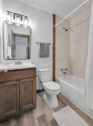 a bathroom with a toilet a sink a mirror a bathtub and vanity