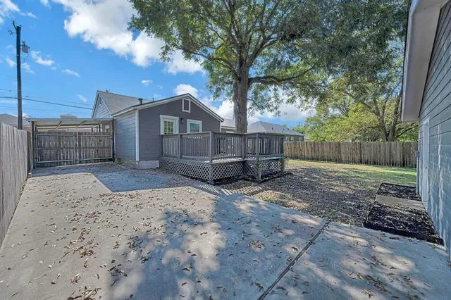 a view of a yard with a large tree and wooden fence
