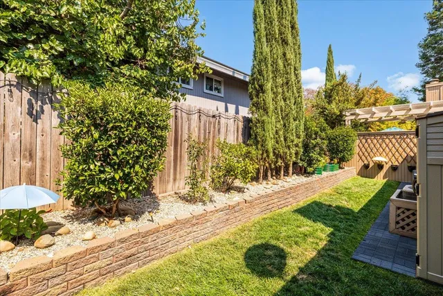 a view of a garden with an outdoor space