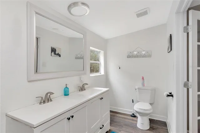 a bathroom with a sink a toilet and a mirror