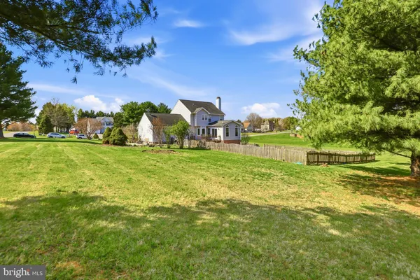 a view of a garden with a house in the background