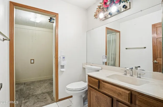a bathroom with a sink vanity mirror and toilet