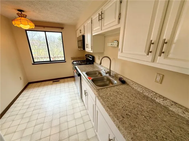 a kitchen with a sink a stove and cabinets