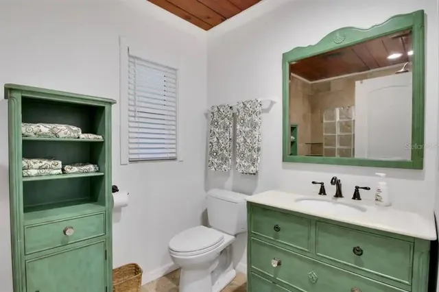 a bathroom with a sink vanity and toilet