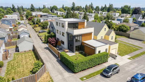 an aerial view of a house with a garden view