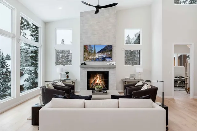 a living room with furniture a fireplace and a flat screen tv