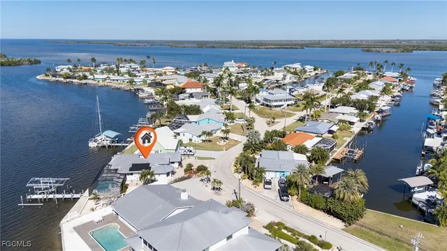 an aerial view of a building with seating space