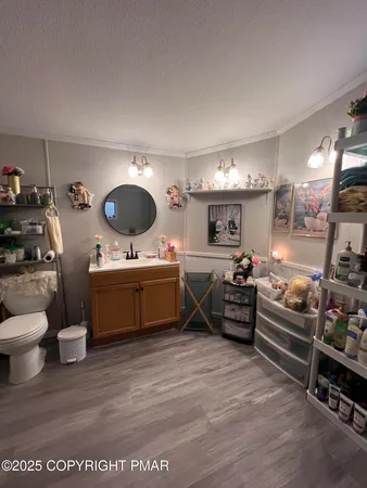 a bathroom with a sink mirror vanity and toilet