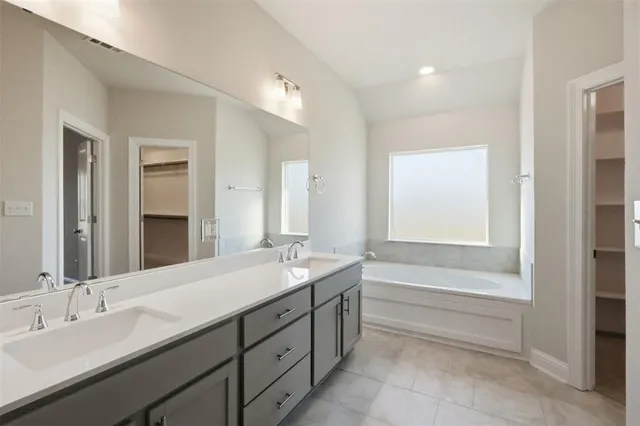 a bathroom with a double vanity sink mirror double and bathtub