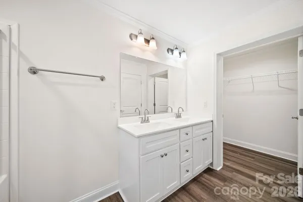 a bathroom with a double vanity sink a mirror and a shower