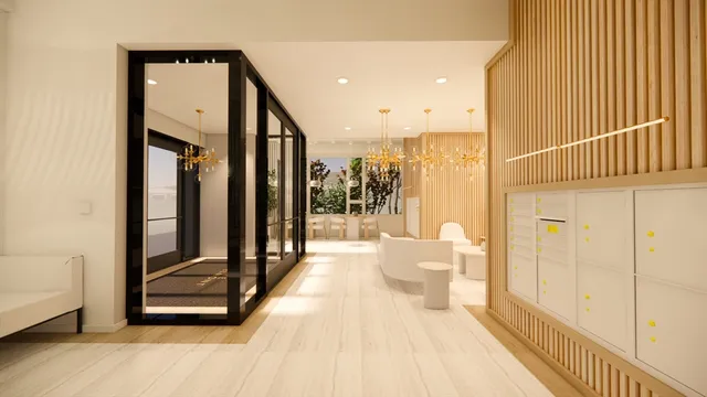 a living room with large windows and a table