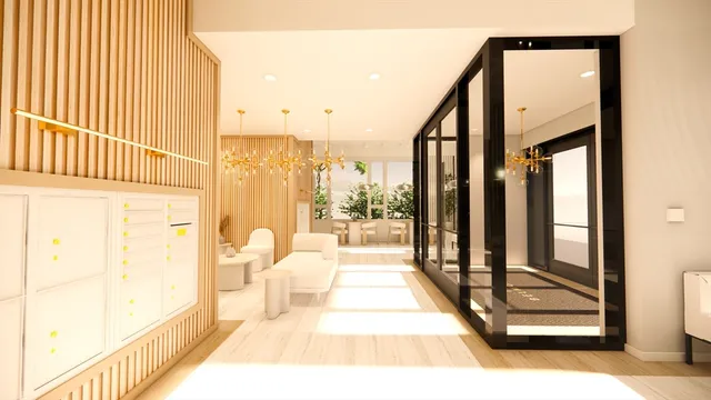 a view of a hallway with a chandelier