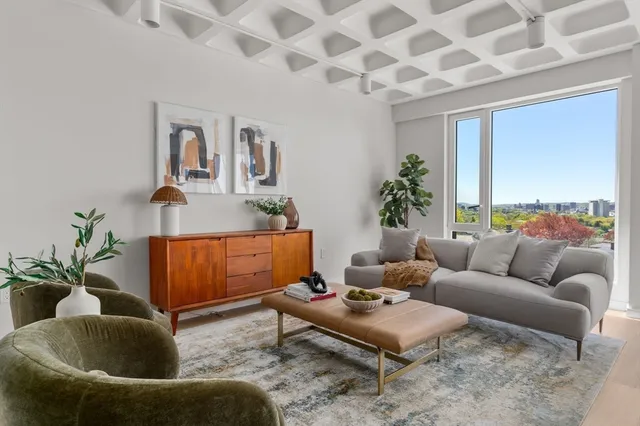 a living room with furniture and a potted plant