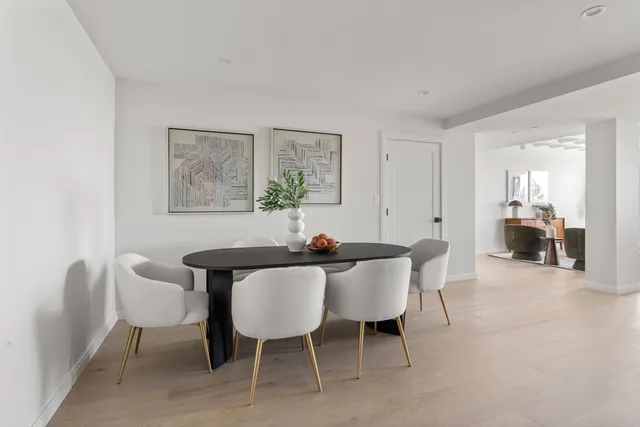 a view of a dining room with furniture and a potted plant