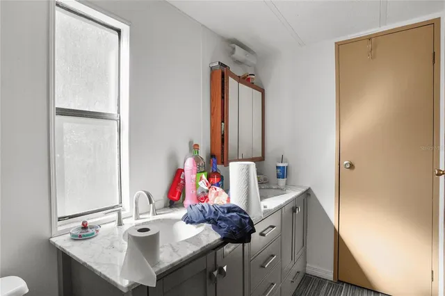 a bathroom with a sink vanity and a mirror