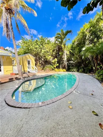 a view of a swimming pool with a yard