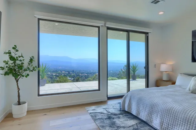 a bedroom with a bed and a potted plant