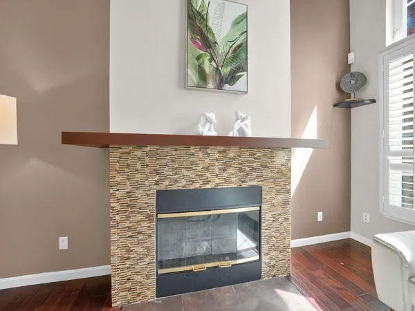 a stone fireplace with window