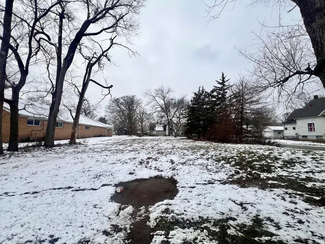 a view of a yard covered in snow