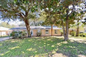 a backyard of a house with plants and large trees